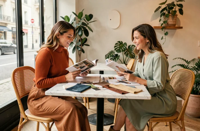 Deux femmes élégantes discutant des conseils mode et tendances autour d'un café dans un bistrot parisien moderne