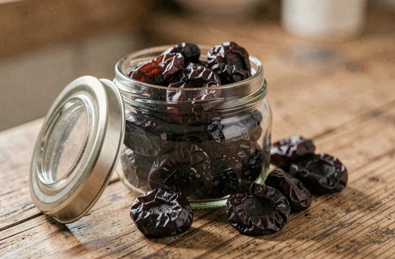 Bocal en verre rempli de pruneaux séchés sur un comptoir en bois rustique, avec quelques pruneaux éparpillés autour