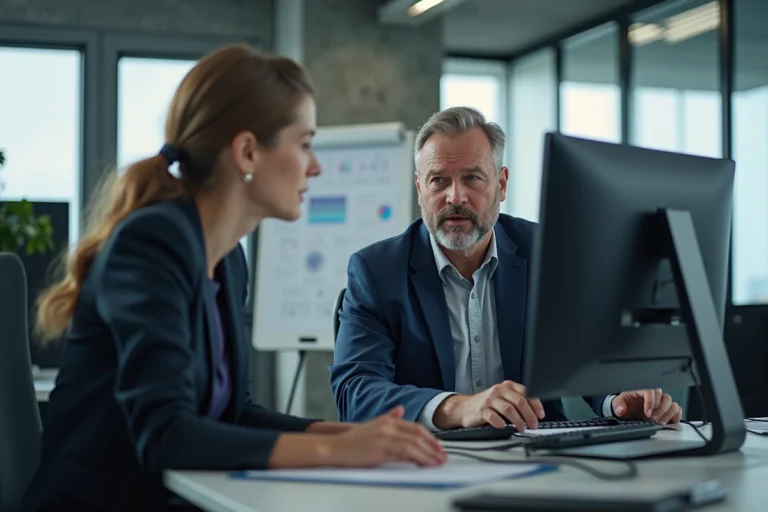 Consultant informatique professionnel expliquant des solutions techniques à une dirigeante d'entreprise dans un bureau moderne