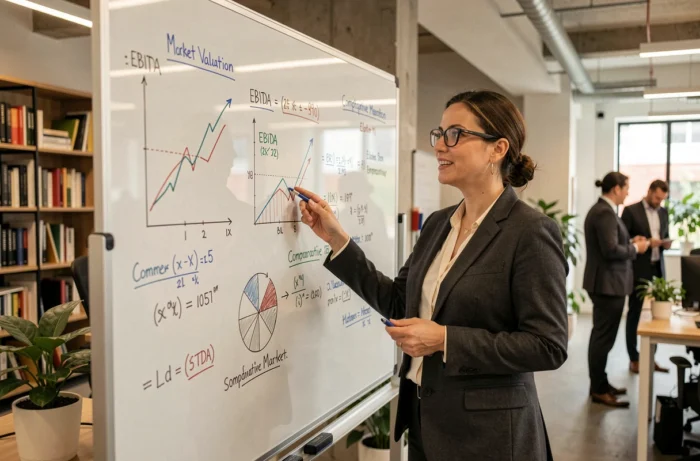 Consultante en affaires expliquant des méthodes d'évaluation de la valeur marchande d'une entreprise devant un tableau blanc