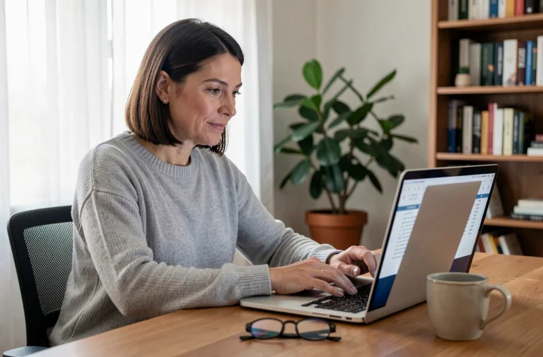 Femme consultant ses résultats d'analyses Biofutur en ligne sur un ordinateur portable dans un bureau à domicile