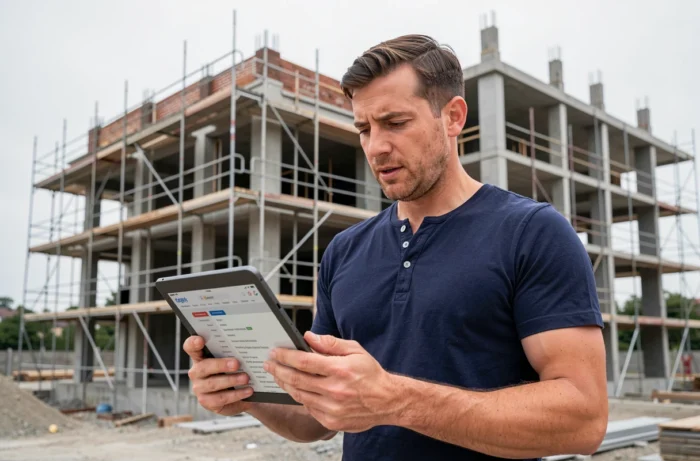 Homme consultant le plan du site Yvazur Construction sur une tablette en chantier