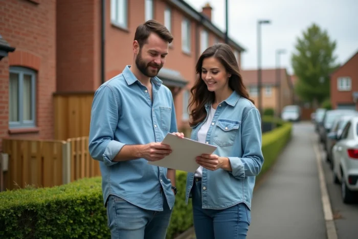 Couple devant leur maison tenant un dossier d'assurance habitation, protection du patrimoine familial
