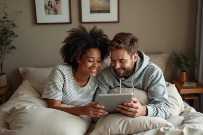 Couple choisissant ensemble le film du jour sur tablette dans une chambre moderne et lumineuse