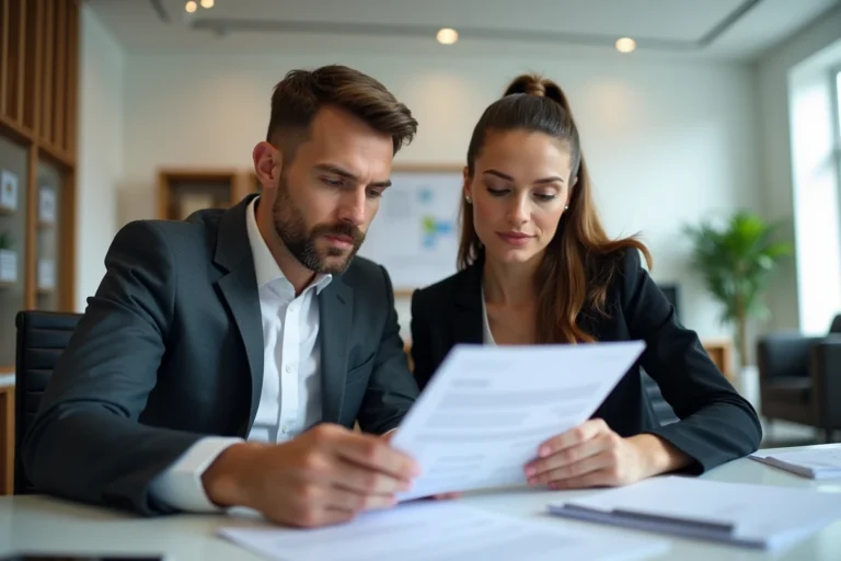 Couple consultant un conseiller bancaire pour obtenir un crédit immobilier avantageux en 2024