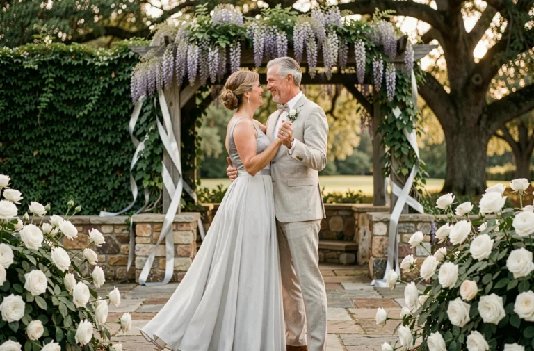 Couple élégant célébrant leurs 25 ans de mariage en dansant dans un jardin décoré de roses blanches et de rubans argentés
