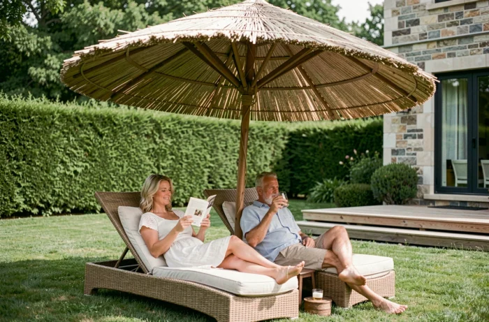 Couple se détendant sous un grand parasol en paille dans un jardin moderne avec chaises longues en rotin