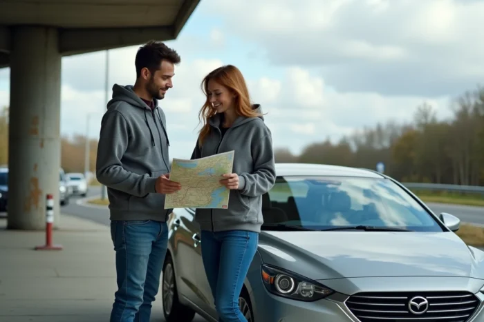 Couple planifiant et calculant le coût d'un trajet routier avec Mappy sur tablette à une aire de repos autoroutière