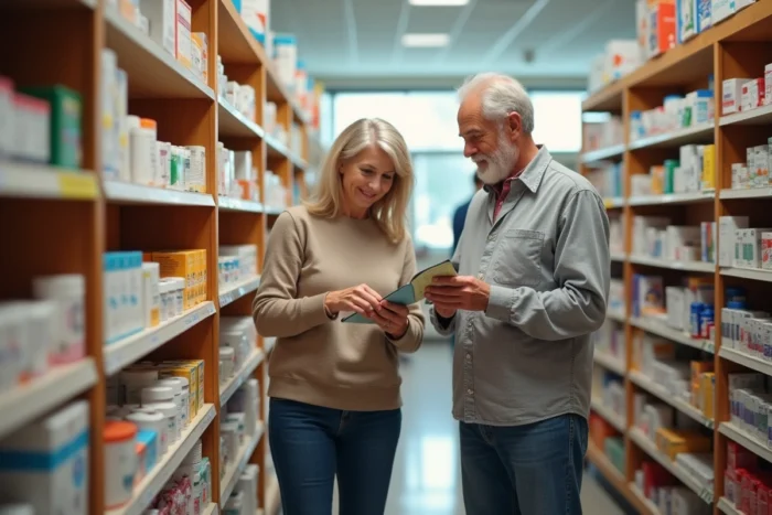 Couple de seniors en pharmacie lisant les informations sur un complément alimentaire Azinc Senior avant achat
