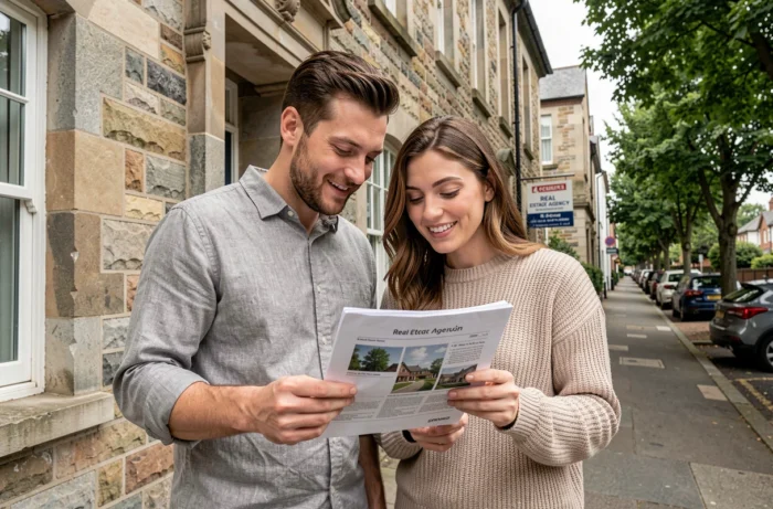 Couple visitant un bien immobilier résidentiel dans un quartier calme