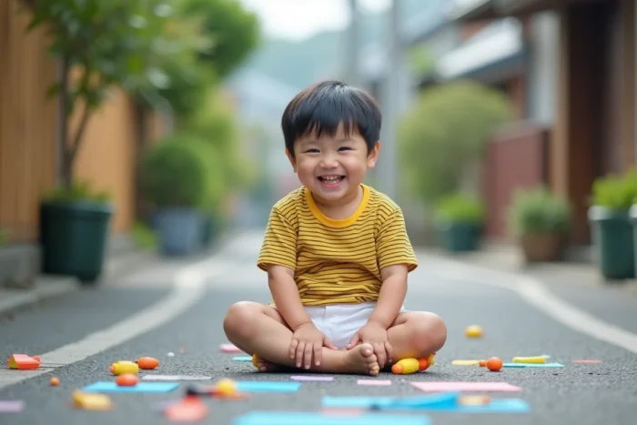 Petit garçon espiègle aux cheveux noirs courts en t-shirt rayé jaune et noir assis sur un trottoir japonais entouré de dessins colorés, inspiré de Crayon Shin-chan