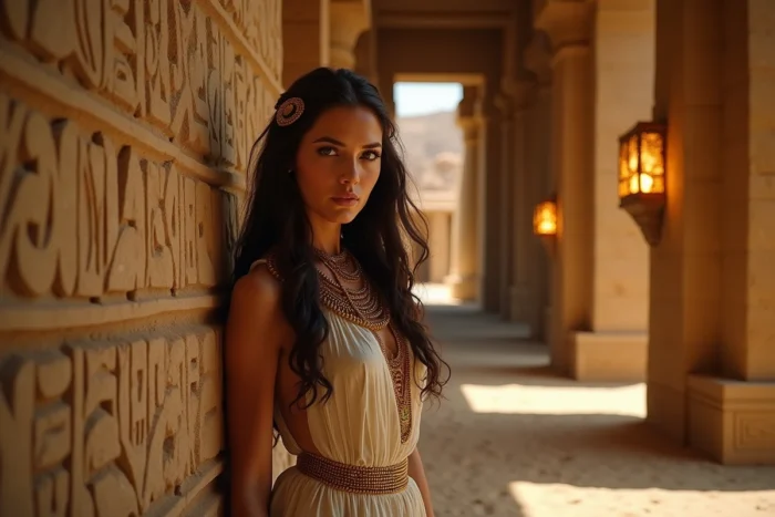 Jeune femme aux cheveux noirs en costume inspiré de l'Égypte ancienne avec bijoux dorés devant un mur de hiéroglyphes dans un temple de pierre, inspirée de Crest of the Royal Family