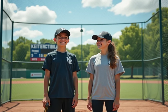 Deux adolescents en tenue sportive devant un filet de baseball dans un parc sportif, souriant naturellement, inspirés de Cross Game