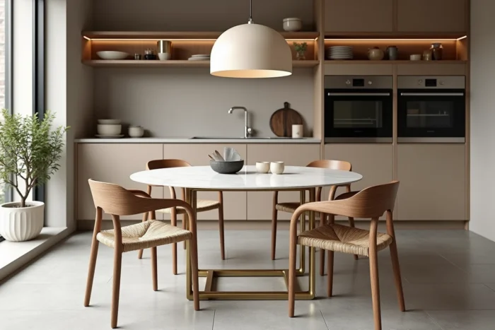 Cuisine salle à manger moderne avec table en marbre blanc, chaises en frêne fumé et façades de cuisine greige épurées