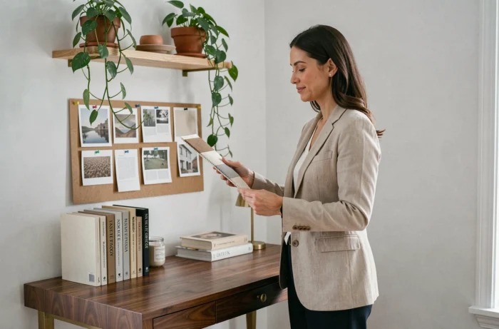 Décoratrice d'intérieur inspectant un moodboard dans un bureau à domicile raffiné avec mobilier en noyer et accents en laiton