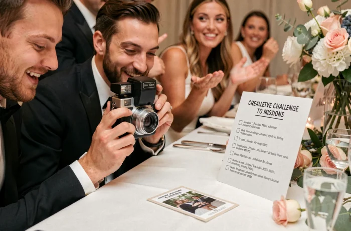 Invité de mariage utilisant un appareil photo instantané pour réaliser des missions lors d'un défi photo créatif
