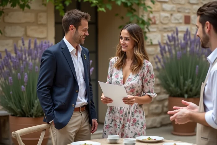 Couple goûtant le menu de leur mariage avec un traiteur dans une cour de château en pierre en Provence