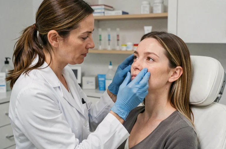 Dermatologue examinant le visage d'une patiente avant un traitement de comblement des rides en clinique médicale