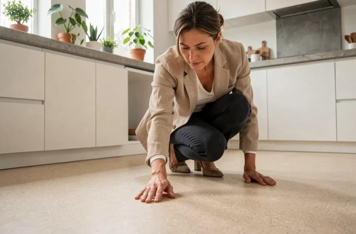 Designer d'intérieur examinant un sol en linoléum naturel dans une cuisine rénovée aux matériaux sains