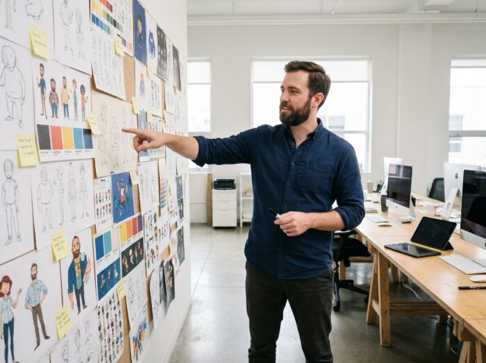 Designer graphique masculin debout devant un mur de croquis et d'illustrations imprimées dans un studio de création moderne