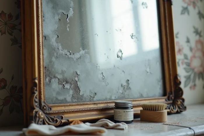 Gros plan sur la surface abîmée d'un miroir ancien avec des taches de piqûres et des outils de restauration posés devant
