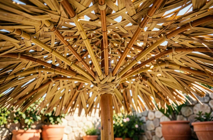 Détail du tissage artisanal d'un parasol en paille vu de dessous avec ciel bleu et feuillage en arrière-plan