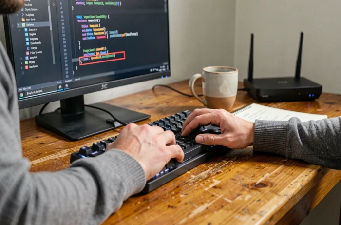 Développeur web identifiant une faille d'injection SQL dans son code source dans un bureau à domicile