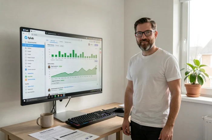 Développeur open source consultant un dépôt GitHub dans son bureau minimaliste à domicile