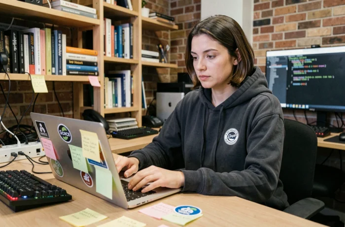 Développeuse travaillant sur un projet open source dans un espace de coworking moderne avec des outils Linux visibles à l'écran