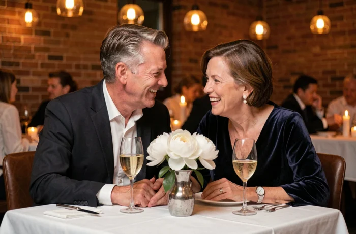 Couple savourant un dîner romantique aux chandelles pour leurs 25 ans de mariage dans un restaurant élégant