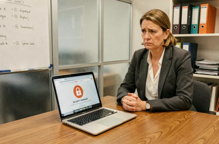 Dirigeante de PME confrontée à une alerte de sécurité web sur son navigateur lors d'une réunion interne