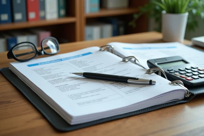 Documents de cotisations sociales et calculatrice sur un bureau d'expert-comptable pour la gestion du recouvrement