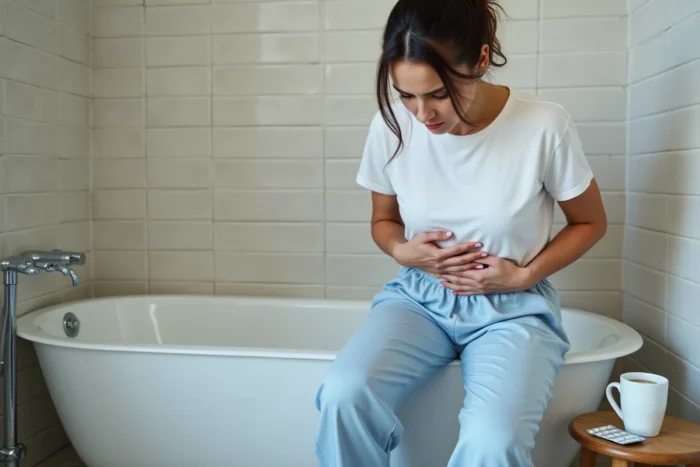 Jeune femme ressentant des douleurs abdominales après consommation de thé détox laxatif Lulutox
