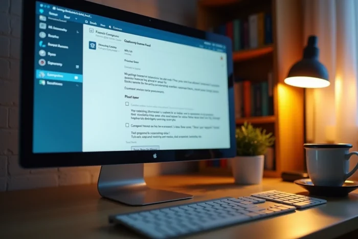 Écran d'ordinateur affichant la composition d'un email adressé à un service client financier avec clavier et bureau en chêne