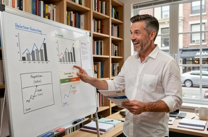 Entrepreneur présentant des offres d'abonnements promotionnels sur tableau blanc dans un bureau à domicile