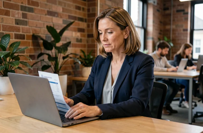 Entrepreneuse consultant un abonnement promotionnel sur ordinateur portable dans un espace de coworking moderne