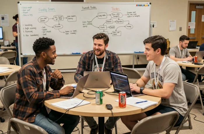 Équipe de développeurs collaborant lors d'un hackathon autour de projets logiciels libres et open source