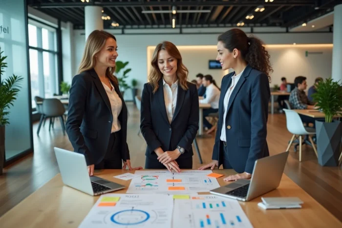 Équipe professionnelle en réunion autour de solutions informatiques pour optimiser la gestion d'entreprise
