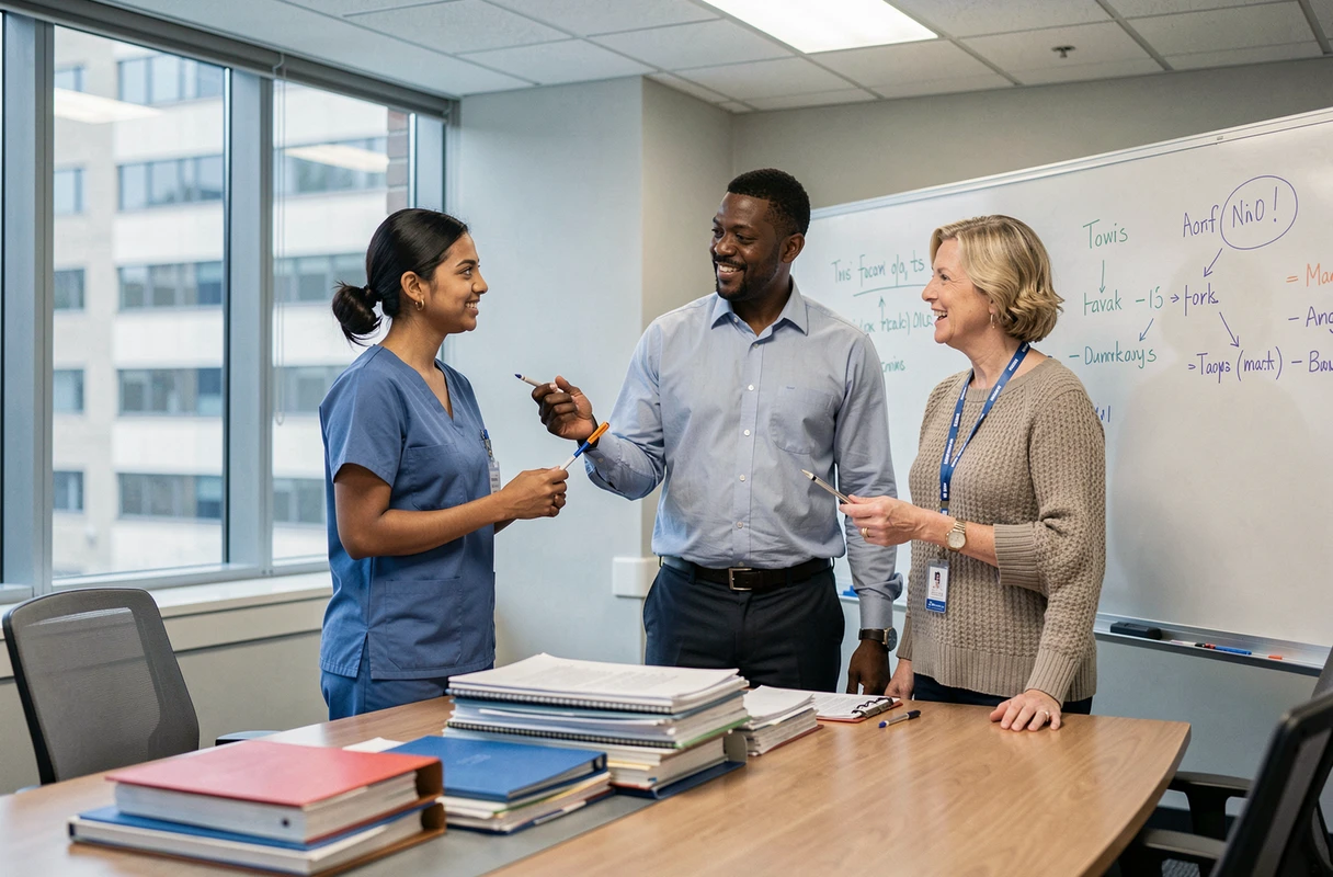 Équipe soignante pluridisciplinaire collaborant sur des stratégies de communication en santé dans une salle de réunion hospitalière