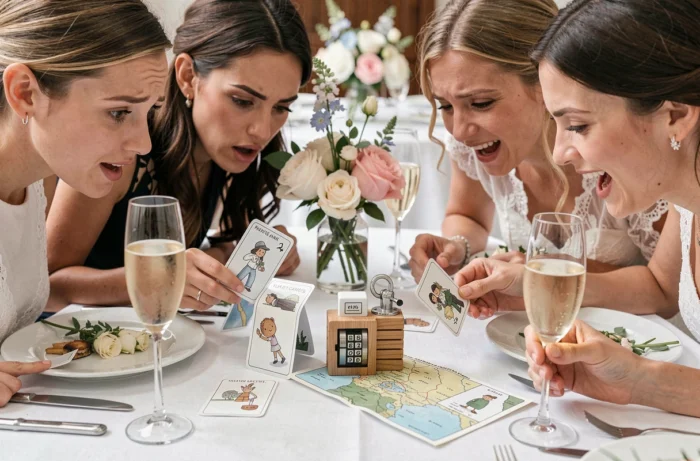 Invités de mariage penchés sur un mini escape game de table avec cartes d'énigmes et cadenas entre les plats