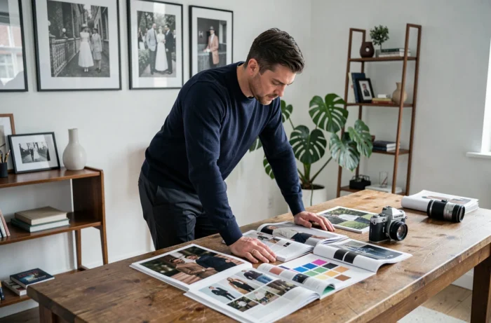 Homme créatif dans un espace de travail moderne entouré de magazines de culture et de tendances