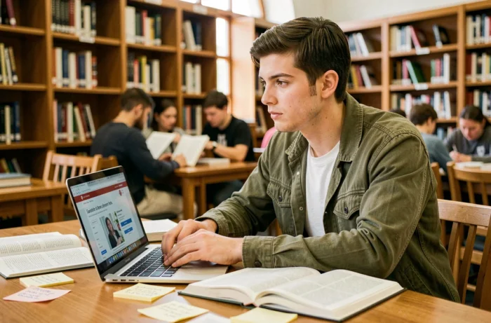 Étudiant en BTS recherchant des opportunités d'emploi sur un ordinateur portable dans une bibliothèque universitaire
