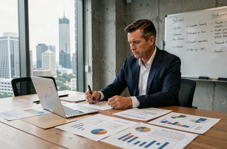 Entrepreneur analysant des rapports financiers pour évaluer la valeur de son entreprise lors d'une réunion stratégique