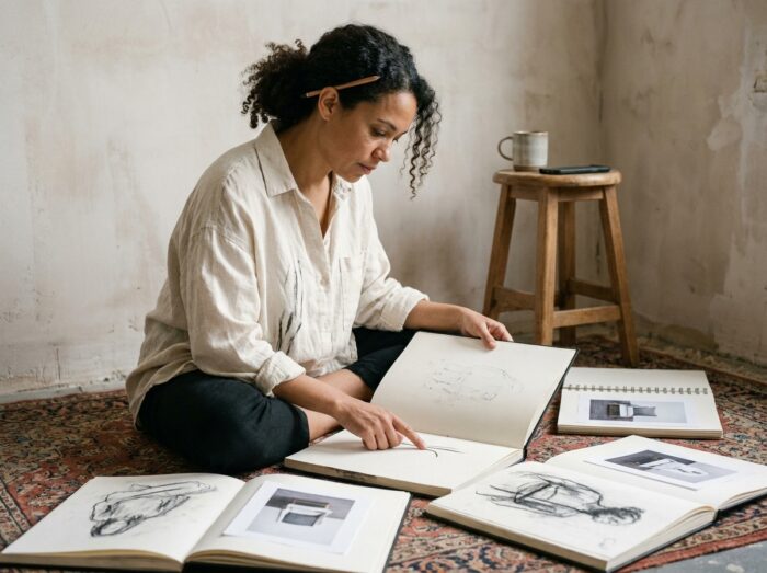 Femme créative assise au sol entourée de carnets de croquis illustrant l'évolution du dessin manuel vers le design graphique numérique