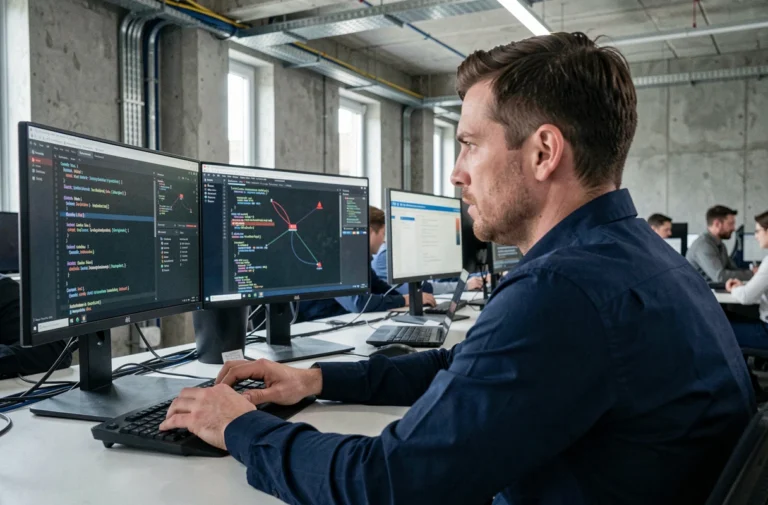 Professionnel de la cybersécurité analysant des failles de sécurité web sur plusieurs écrans dans une PME moderne