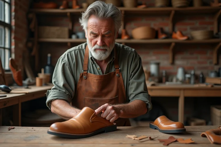 Artisan cordonnier cousant une semelle de chaussure Scholl dans un atelier traditionnel en cuir et bois