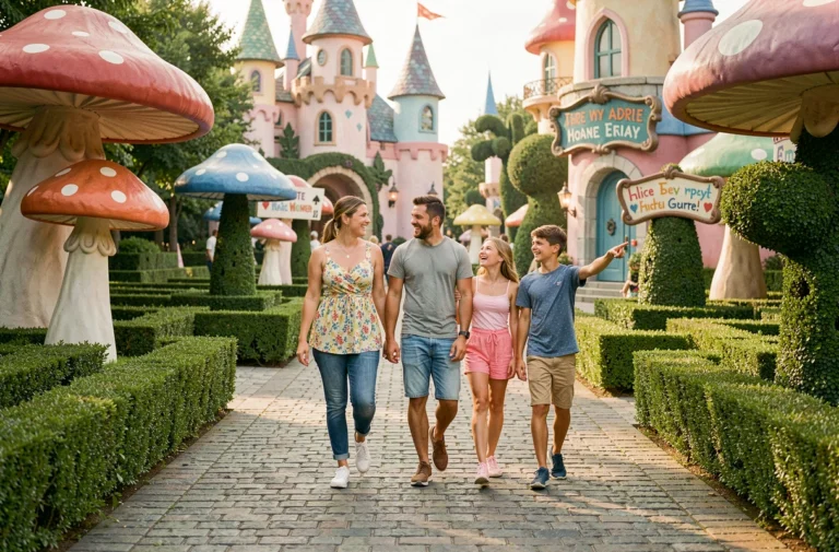Famille se promenant dans le parc Voyage aux Pays des Merveilles avec décors féeriques inspirés d'Alice au Pays des Merveilles