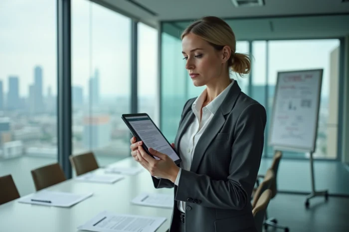 Femme d'affaires examinant une police d'assurance cyber risques sur une tablette dans une salle de réunion moderne