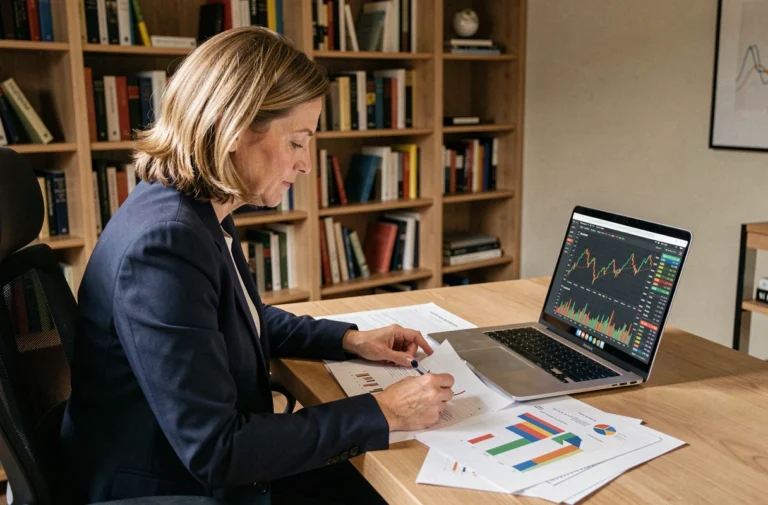 Femme analyste financière étudiant des graphiques boursiers sur un bureau en bois pour un investissement à long terme