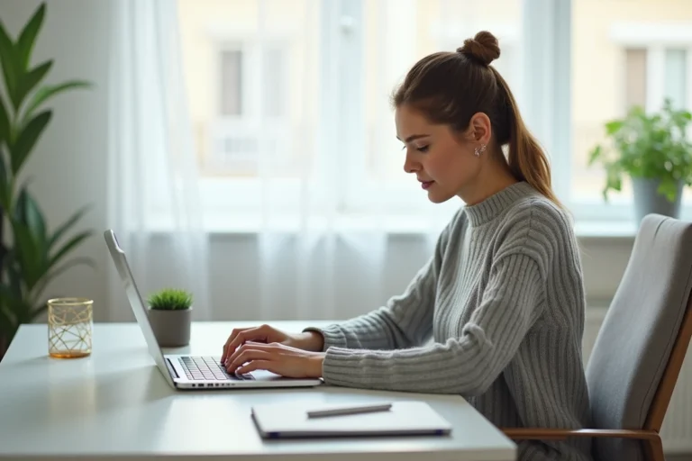 Femme utilisant un ordinateur portable pour contacter un service client par email depuis un bureau à domicile